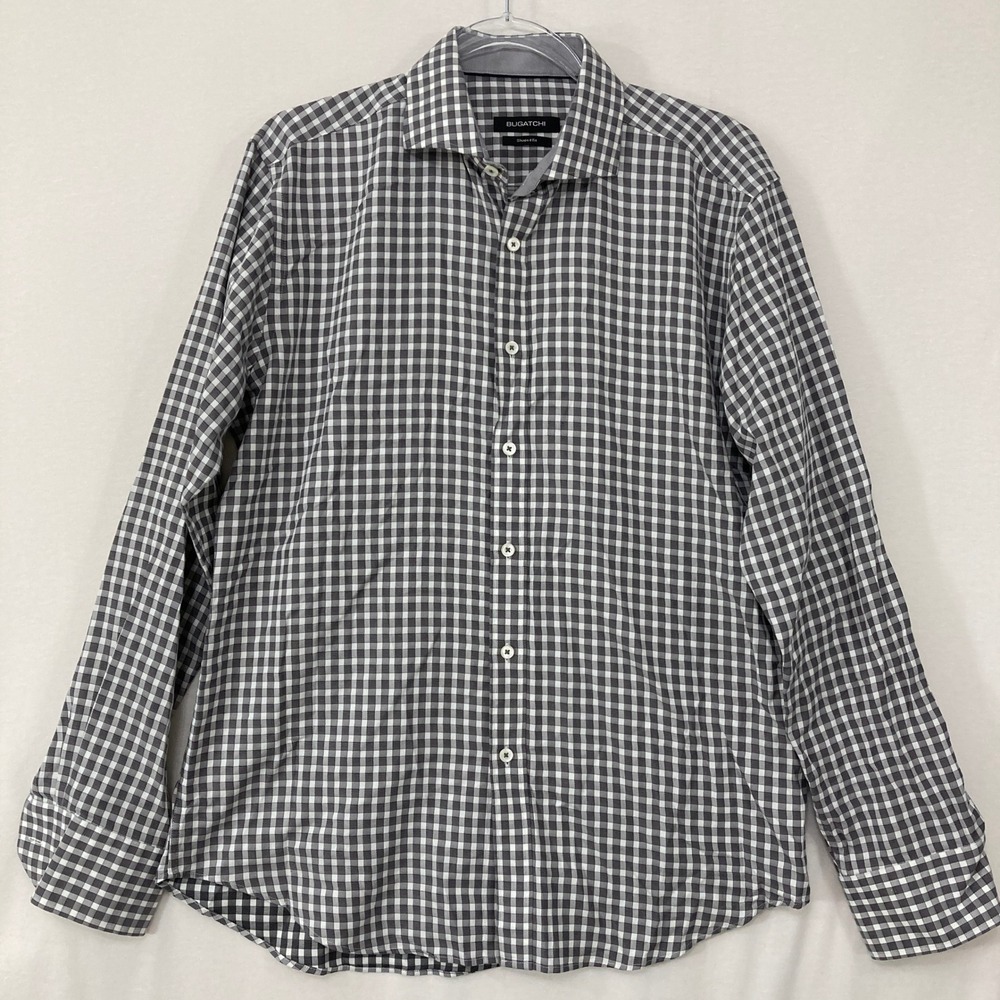 Bugatchi Button Down Shirt Large Grey Gingham Shaped Fit Cotton Long Sleeve